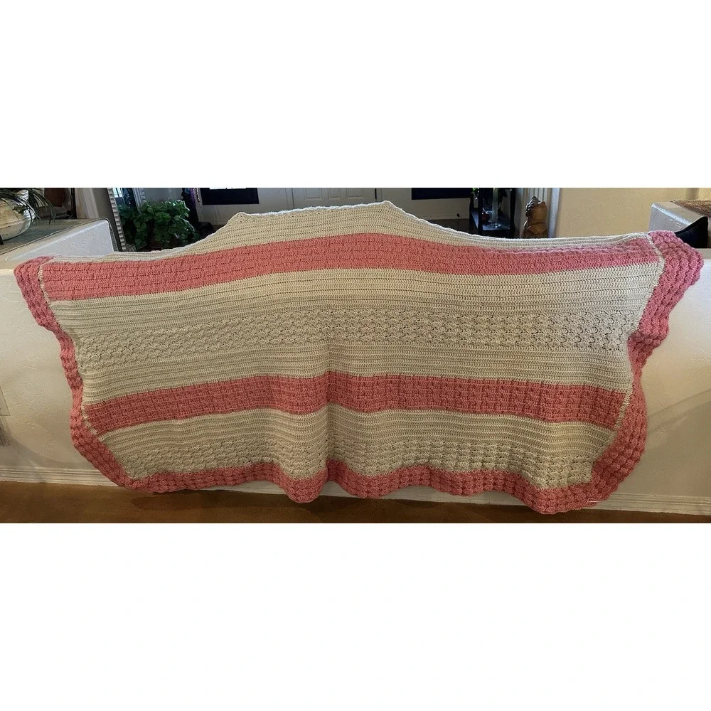 Afghan Crochet Blanket Twin Bedspread Pink Ivory/Beige Stripe French Knot ~75X99